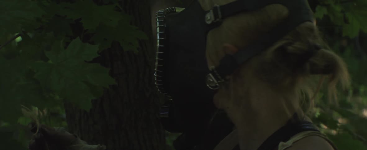 Person wearing a gas mask stands in the woods