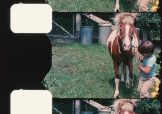 A happy young boy pets and proudly walks his pet pony in a grassy yard in this nostalgic vintage home movie