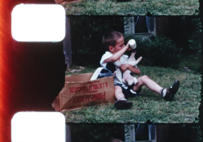 A cute little boy sits in the grass with a box of puppies and feeds one with a baby bottle in this adorable vintage home movie
