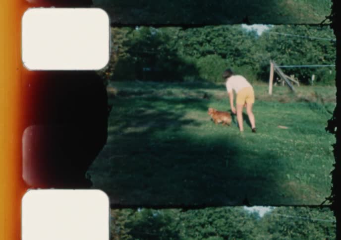 A young person and their small, fluffy dog play an energetic game of fetch with a red ball in a sunny backyard in this vintage 8mm film clip