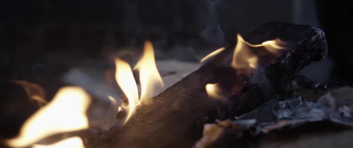 Flames flickering along a burning piece of wood
