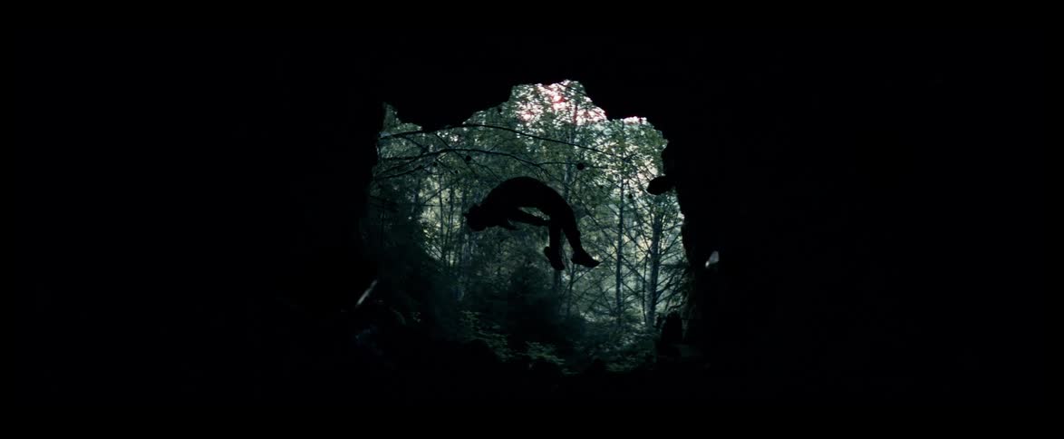A mysterious silhouetted figure floats in a dreamlike state through a dark cave opening into a dense forest