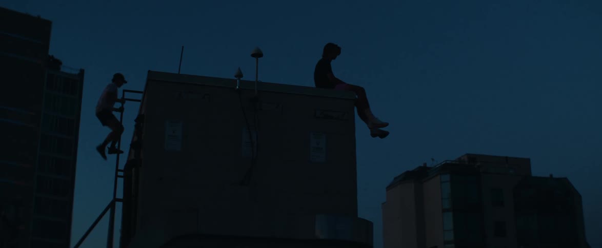 Silhouetted against the dark blue dusk sky, one friend climbs a ladder to join another sitting on the edge of a city rooftop