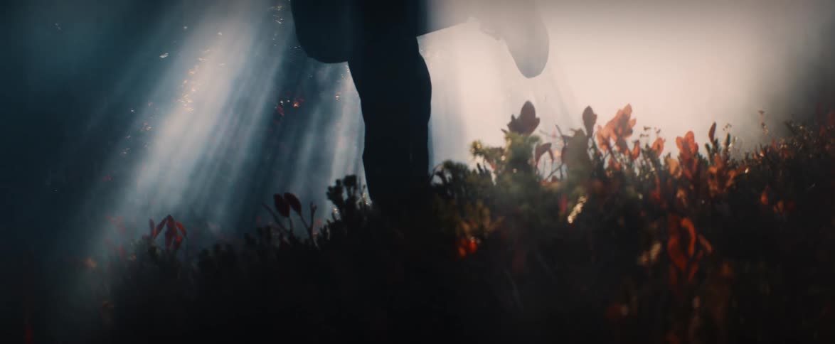 A double exposure shot shows a runner's legs in slow motion through a foggy field with dramatic light rays and a mountain backdrop