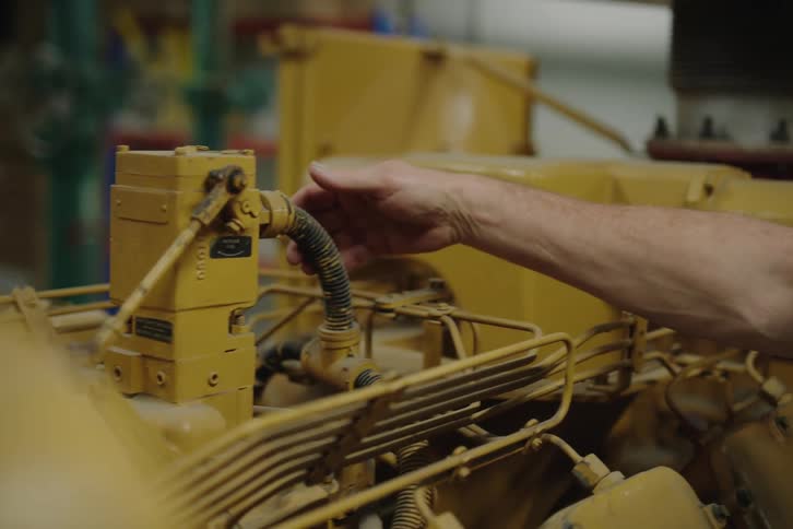 A mechanic's hand carefully inspects and adjusts parts on a large yellow industrial engine in a workshop