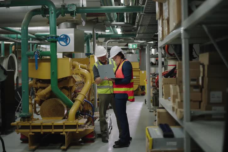 Two industrial engineers, a man and a woman, collaborate using a laptop while inspecting a large generator in a factory plant room
