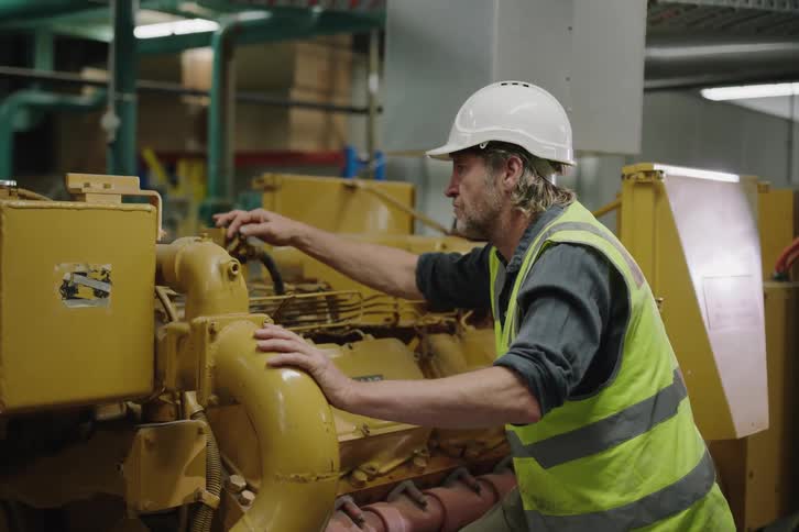 An experienced industrial engineer in a hard hat and safety vest performs a maintenance check on a large yellow generator