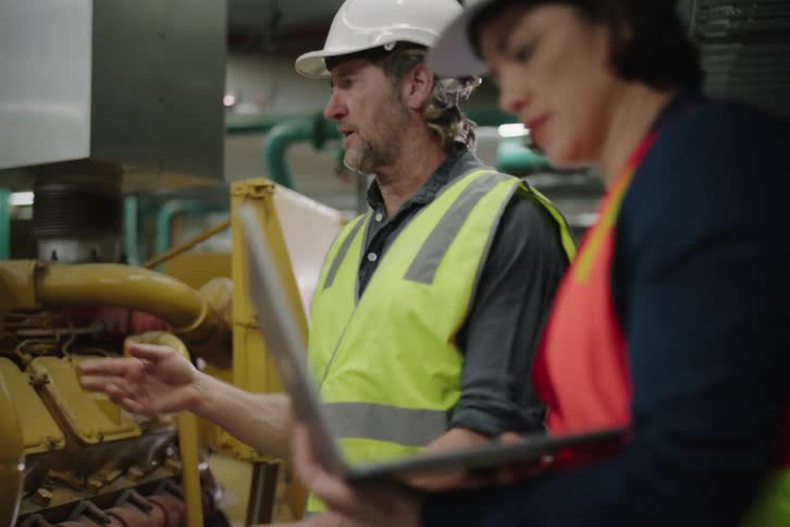 A male and female engineer wearing hard hats and safety vests inspect machinery in an industrial plant room, with the woman using a laptop
