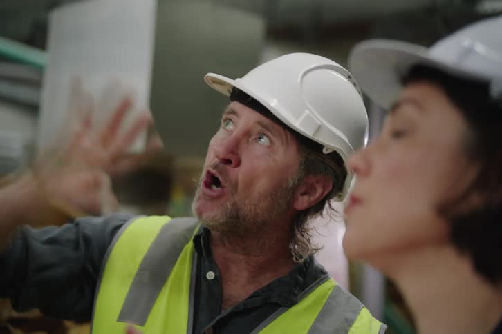 A male foreman in a hard hat points and explains a construction issue to a female engineer on-site