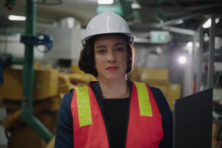 Portrait of a confident female industrial manager in a hard hat and safety vest standing in an engine room or factory