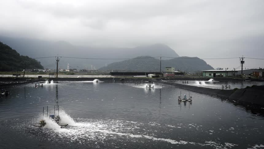 Water aerators churn the surface of an aquaculture farm on a cloudy day with mountains in the background