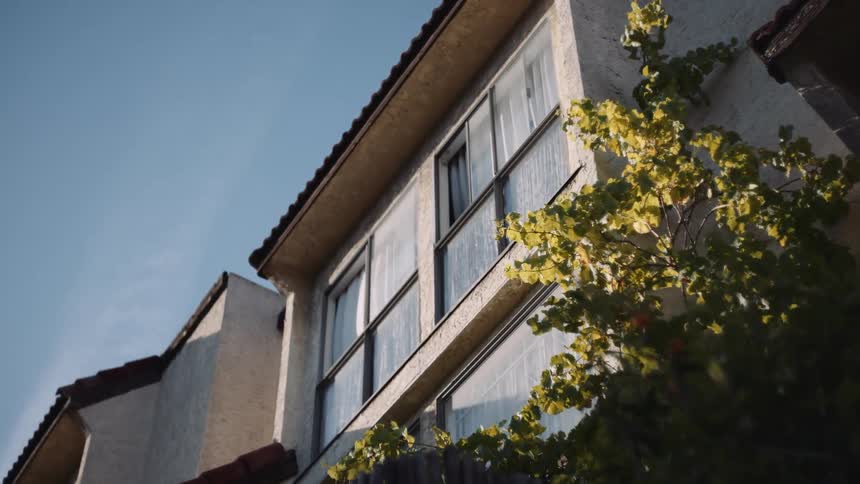A low-angle shot tilting down the side of a sunlit residential building past a leafy green tree
