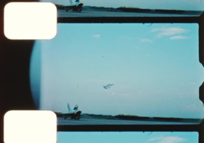 Archival footage from the 1960s shows various military fighter jets taking off from a runway and flying in formation during an airshow
