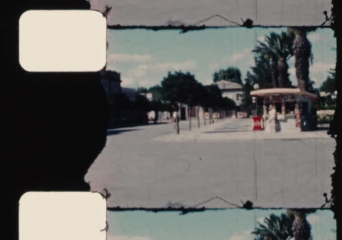 A vintage film scan captures a woman strolling through a tranquil, sunlit town square surrounded by lush palm trees