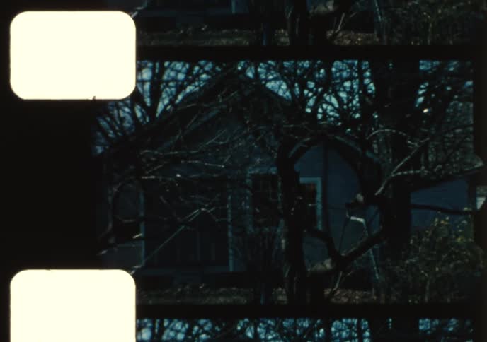 Vintage 8mm footage scans across an antenna, a suburban house, and a squirrel scurrying up a tree