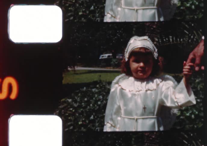 A collection of 1960s home movie clips showing children in costumes for a religious parade or school pageant