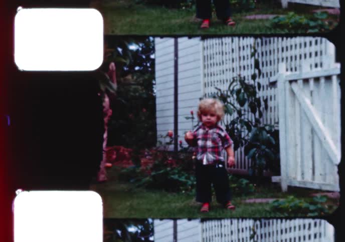 Scanned 8mm film captures an adorable toddler with curly blonde hair walking towards the camera in a backyard garden