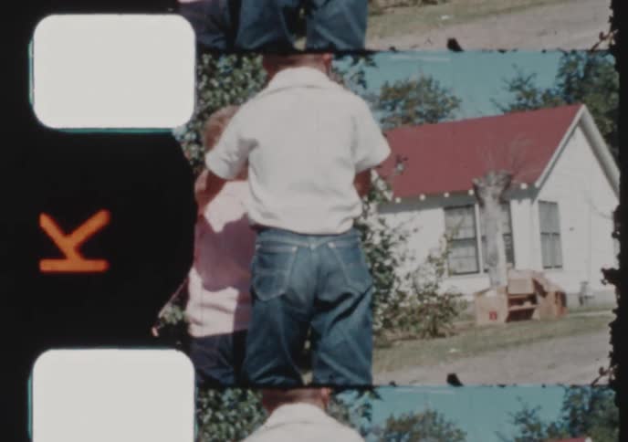A collection of 1950s archival footage shows children playing in a suburban neighborhood, including boys in cowboy boots and girls dancing
