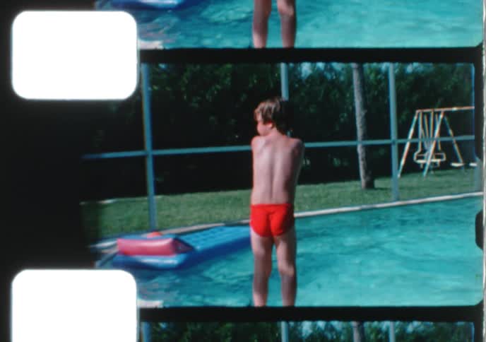 Split-scan archival footage shows a family enjoying a sunny day with children playing in a swimming pool and adults relaxing