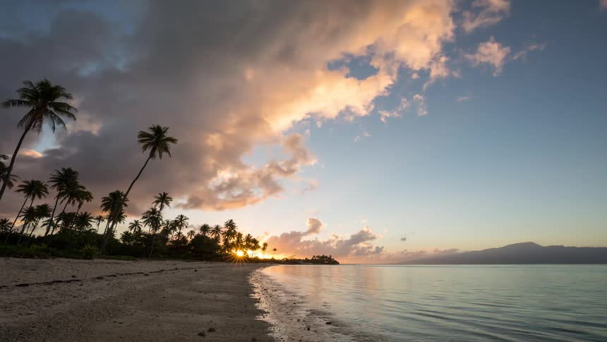 A stunning timelapse shows colorful clouds moving across the sky as the sun rises over a serene tropical beach with palm trees