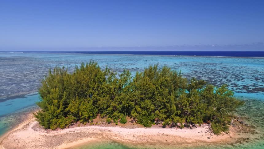 A stunning aerial pullback shot reveals a small, deserted tropical island with lush green trees surrounded by a vibrant turquoise coral reef