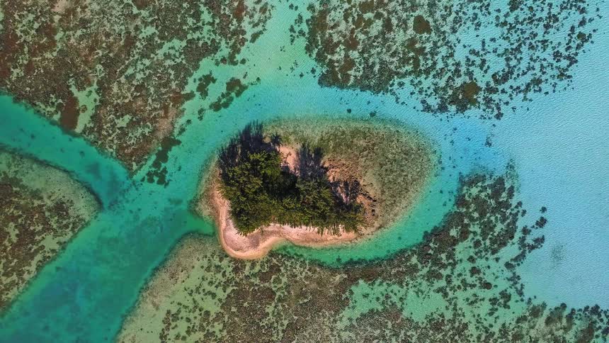 An idyllic birds-eye view of a tiny, tree-covered island oasis set within a beautiful, shallow turquoise sea