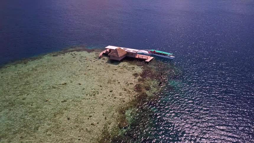An aerial view captures a speedboat creating a wake as it speeds past a secluded hut on a beautiful tropical coral reef