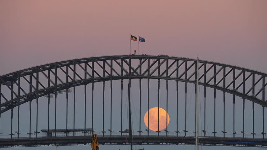 A stunning timelapse captures the large, golden full moon rising behind the iconic Sydney Harbour Bridge as the sky transitions from a beautiful sunset to night
