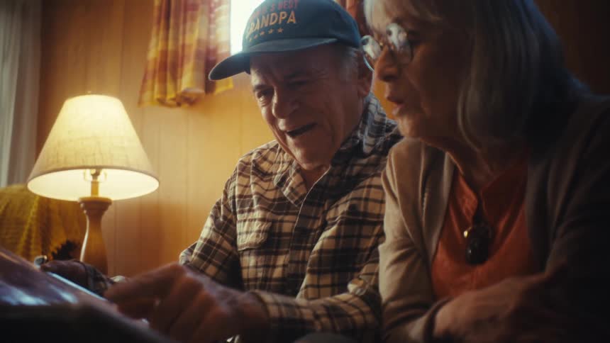 Elderly grandparents smile and reminisce while looking through a photo album together in their cozy, wood-paneled living room