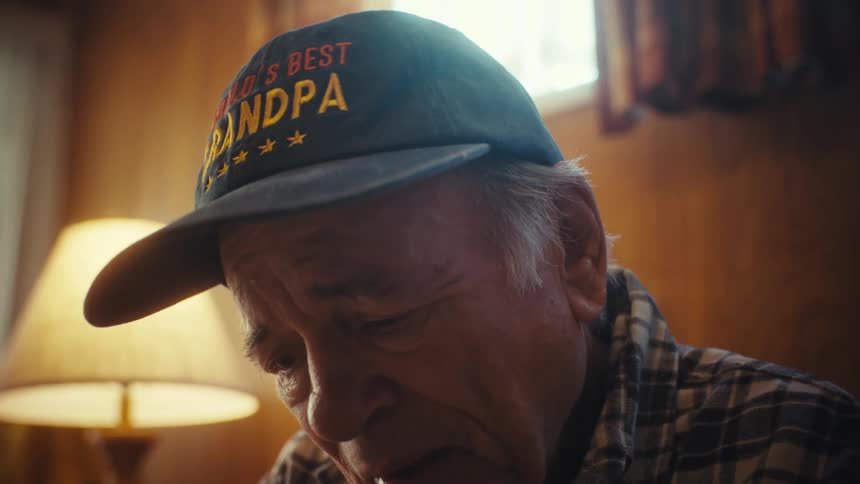 A close-up of a sad and contemplative elderly man wearing a 'World's Best Grandpa' hat in a dimly lit room
