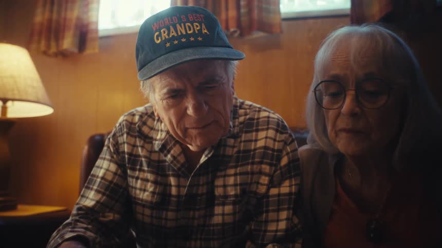 A sentimental elderly couple sits on a couch in their living room and reminisces while looking through a photo album together