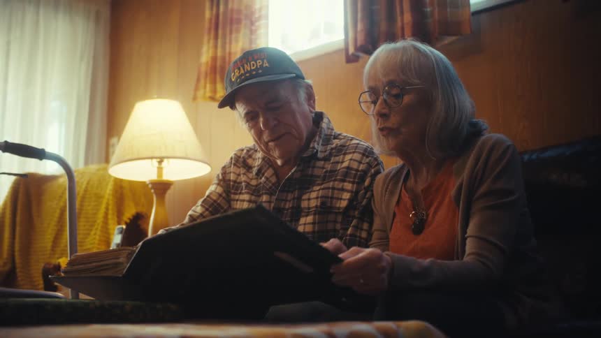 A senior couple sits closely together in their living room, sharing memories as they look through a nostalgic photo album