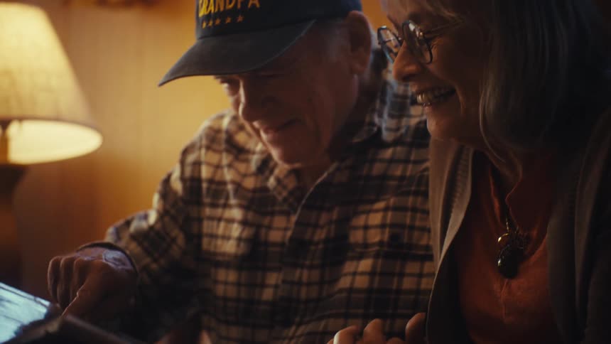 An elderly couple laughs and reminisces while looking through a photo album together in their cozy living room