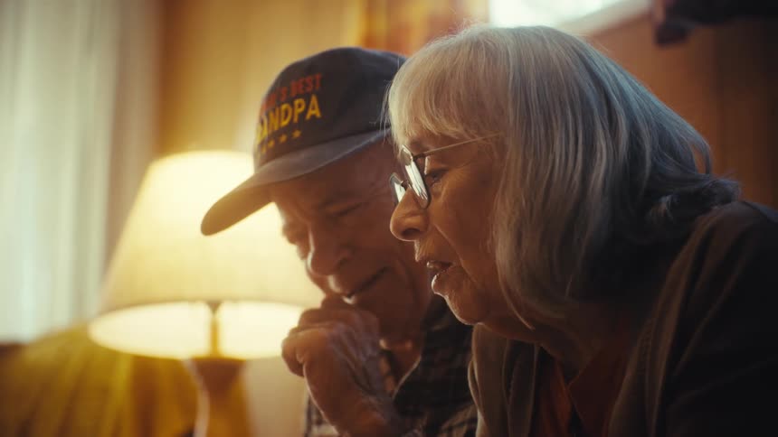 A loving senior couple smiles and shares memories while looking through an old photo album together in their home