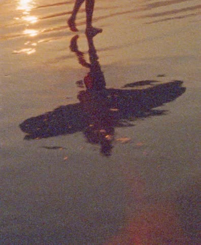 Grainy vintage footage captures the shadow and reflection of a person walking on the wet sand of a beach at sunset