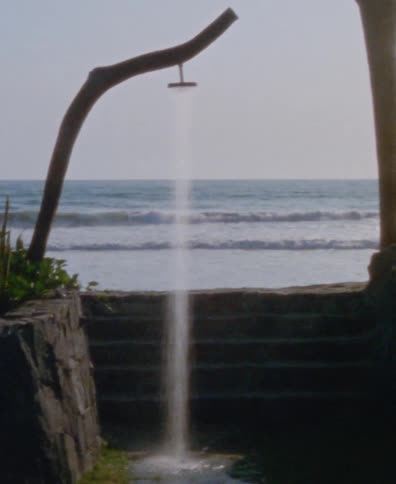 A serene outdoor shower made from a rustic branch runs continuously, overlooking the gentle waves of the ocean