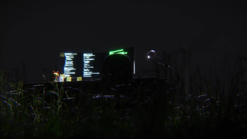 An abandoned computer desk with glowing screens sits in a dark, grassy field at night with a wind turbine blinking in the background