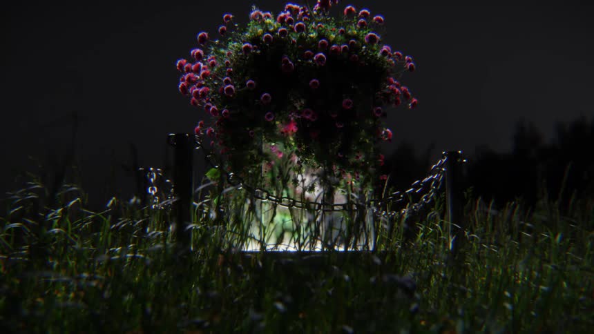 A beautifully lit planter with purple flowers glows mysteriously in a dark, grassy field at night