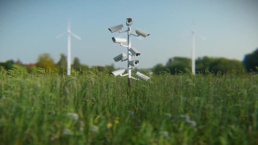 A pole with multiple surveillance cameras stands in the middle of a green field with wind turbines in the background
