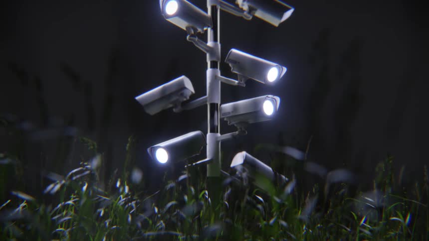 A dystopian tree made of glowing security cameras stands ominously in a dark field at night