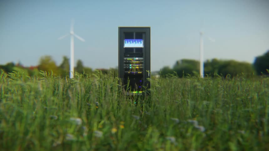 A lone server rack operates in a lush green field, with wind turbines in the background signifying sustainable and green data storage