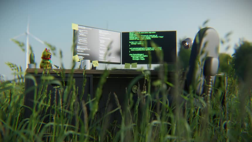 Surreal loop of an empty computer programming desk situated in a vibrant green field with a distant wind turbine