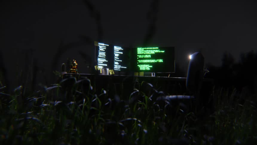 A surreal scene of a computer workstation with glowing green code on the screens sits abandoned in a dark field at night