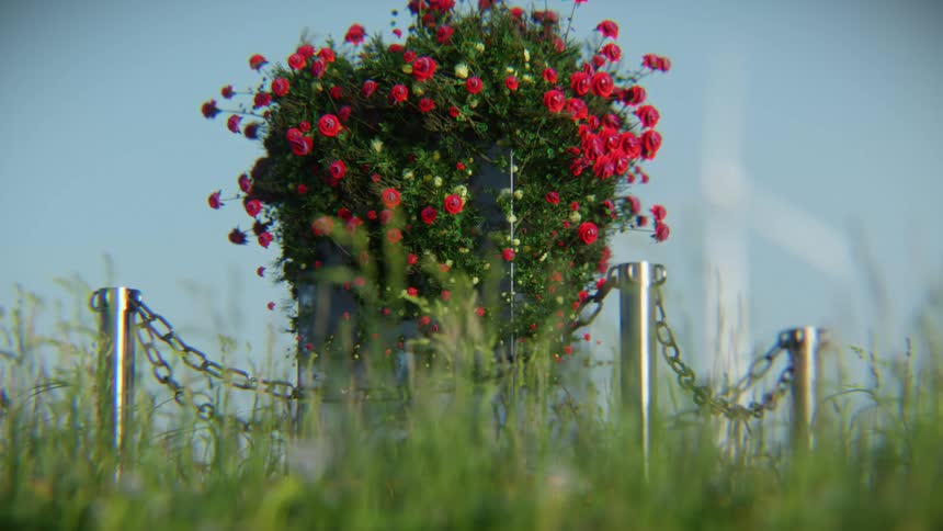 A low-angle view of a large, blooming red rose bush in a mirrored planter, reflecting a wind turbine and fountain in a green field