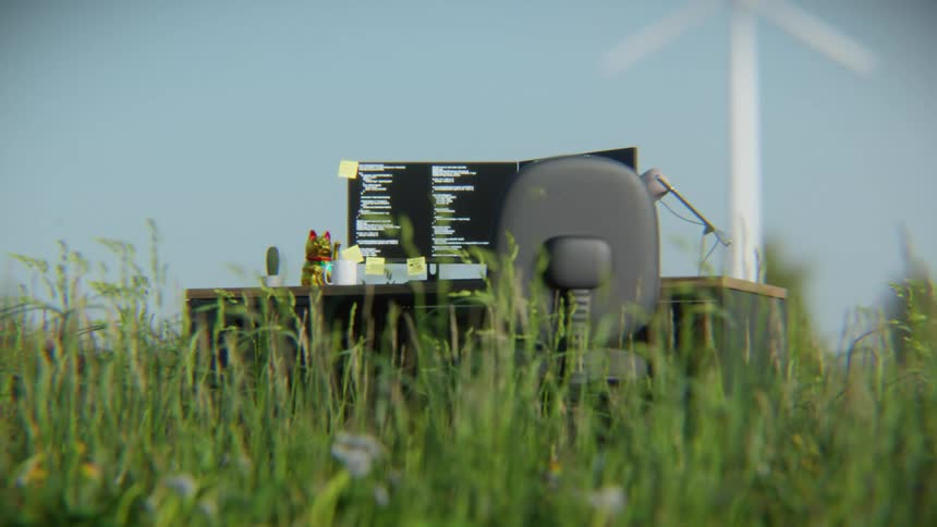 An empty programmer's desk sits in a green meadow with a spinning wind turbine, blending technology and nature