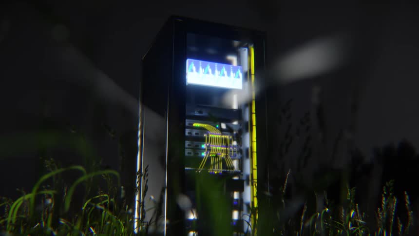 A single, illuminated server rack stands in a dark, grassy field, symbolizing the intersection of technology and nature