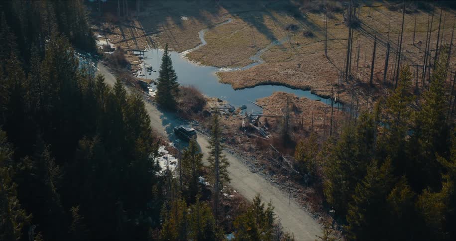 Aerial view of a dark SUV driving on a remote dirt road through a sunlit evergreen forest next to a winding stream