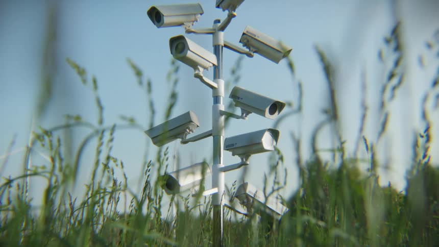 A surreal cluster of surveillance cameras on a pole stands like a tree in a field of green grass on a sunny day