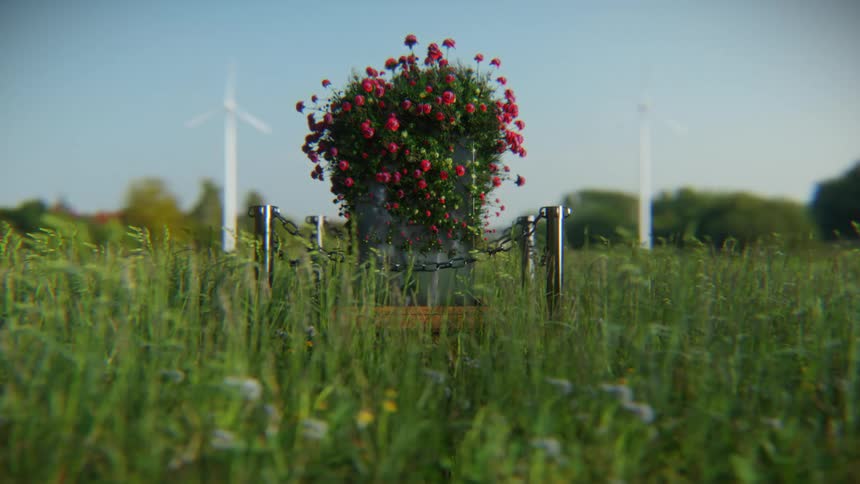 A metal bin overflows with a beautiful bouquet of red flowers in a green meadow, with wind turbines spinning in the background