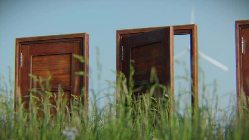 A surreal animation shows a wooden door opening and closing in a windy green field with a large wind turbine spinning behind it